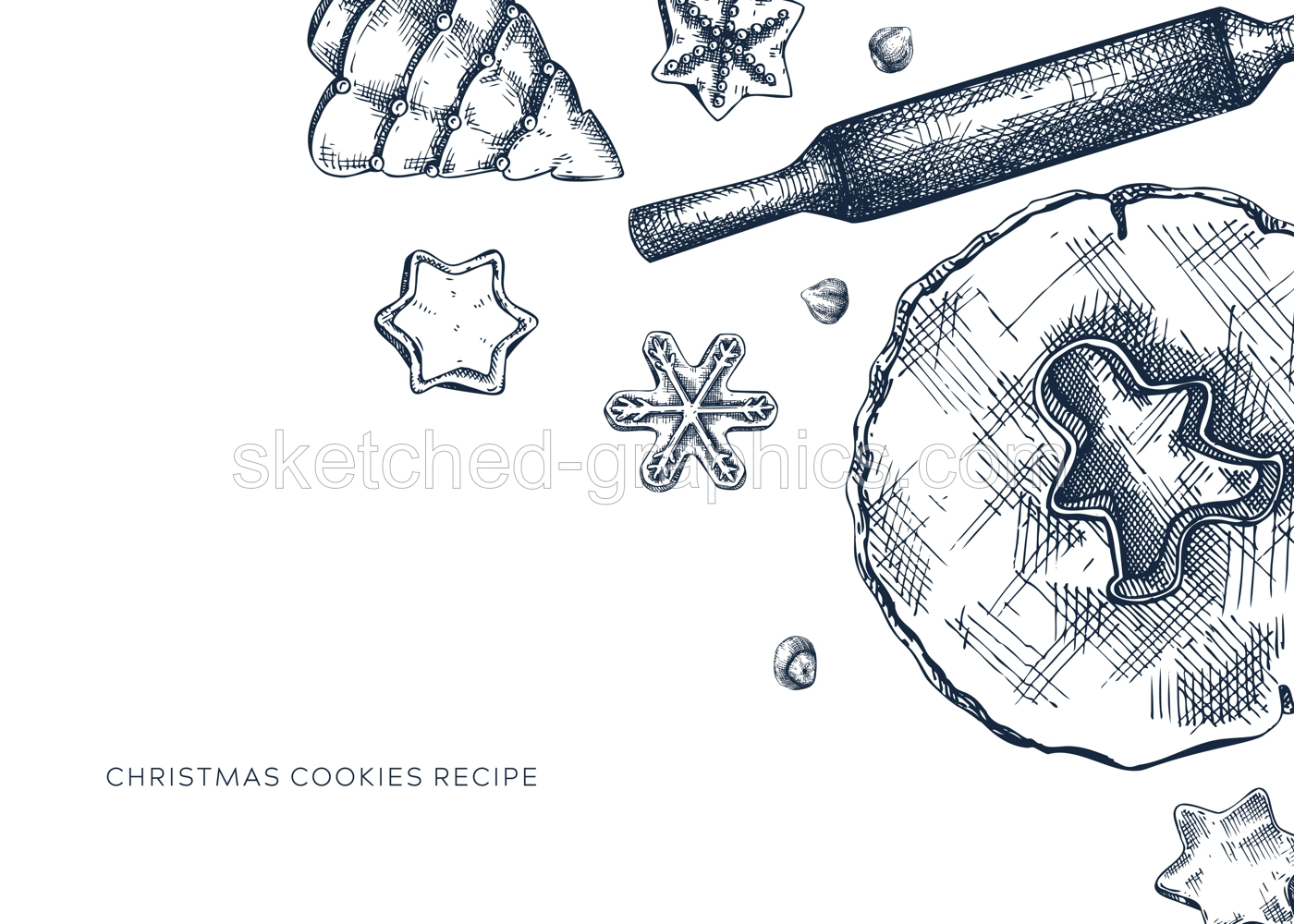Christmas cookies banner. Sketched cooking process elements set: cookies, dough, rolling pin. Home-made cookies hand-drawings for Christmas decor, menu, recipe, banner, greeting cards. Illustration
